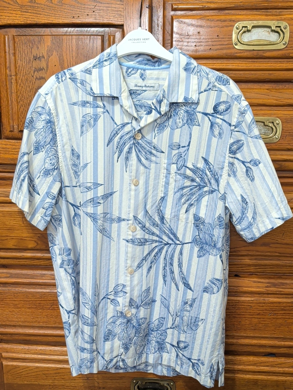 Men's Tommy Bahama Light Blue and Navy Botanical Stripe Camp Shirt
